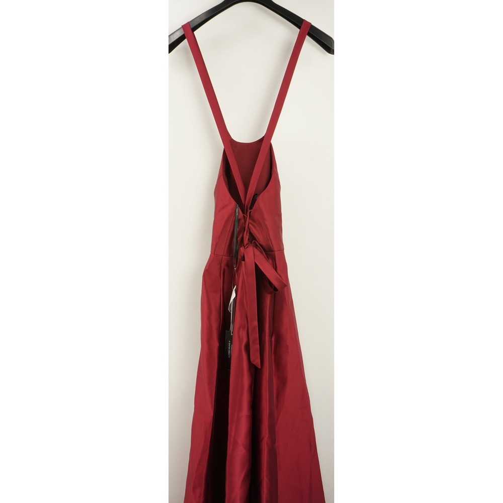 New Alfred Sung Satin Twill Women's 2 Burgundy Halter Lace Up A-Line Maxi Dress‎ - Picture 4 of 9